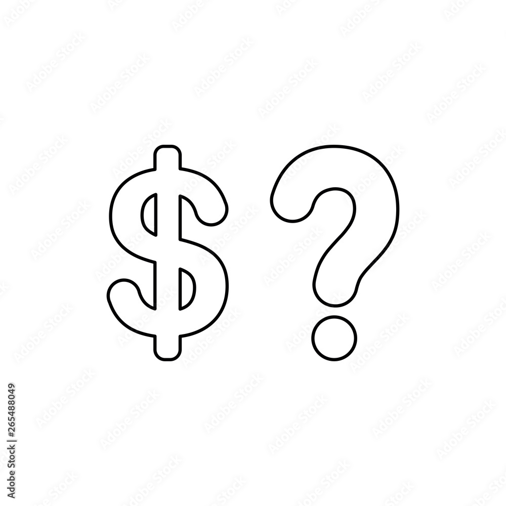 Poster vector icon concept of dollar symbol with question mark. black outline.