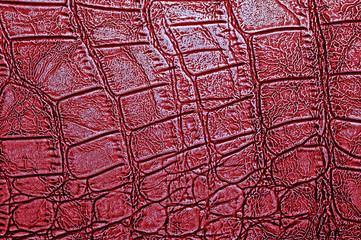 Red crocodile leather texture background, closeup.