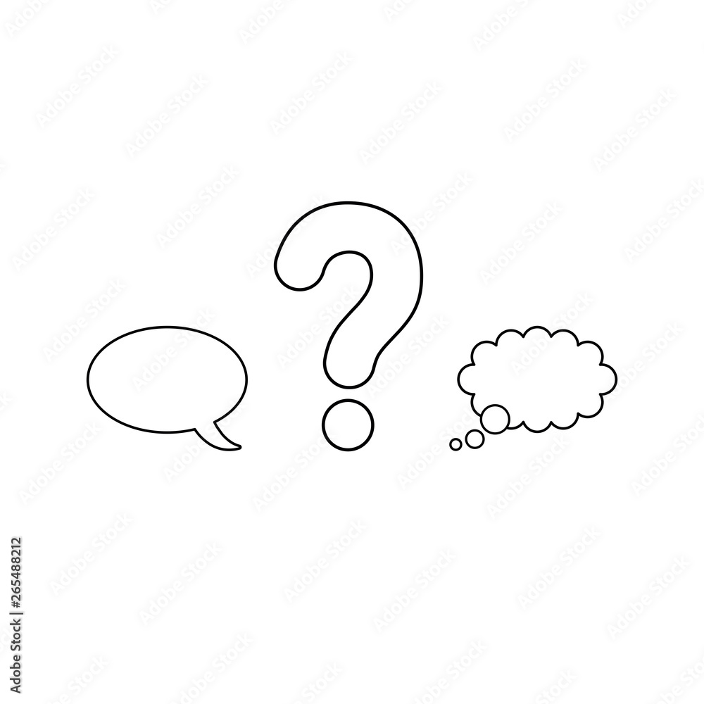 Aufkleber vector icon concept of question mark between speech bubble and thought bubble. black outline.