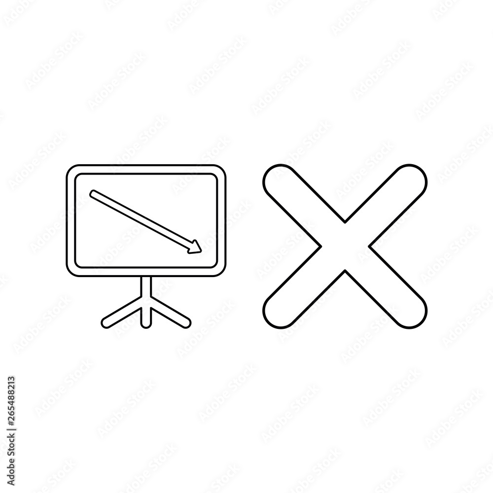 Poster vector icon concept of sales chart with arrow moving down and x mark. black outline.