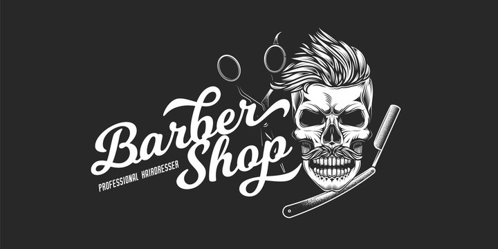 Monochrome vector logo of the barbershop in a vintage style. Skull with mustache and hair, hairdressing scissors, straight razor