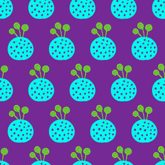 Blue and turquoise green violet hand drawn seamless kokedama pattern