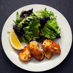 fried squid with salad and lemon on white plate on ceramic dish