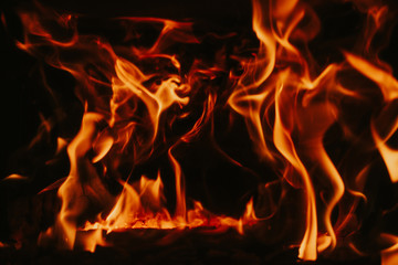 Fire flames on black background, fireplace, close up, photography