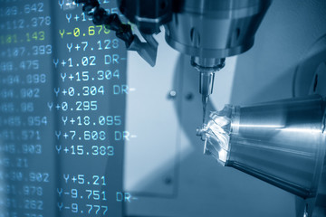 The  abstract scene of 5-axis machining center cutting the aluminium turbine  part with ball  endmill tool. The 5 axis CNC milling machine cutting  automotive part.