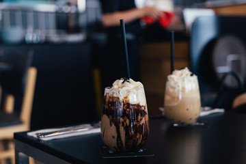 Iced mocha on table in coffee shop