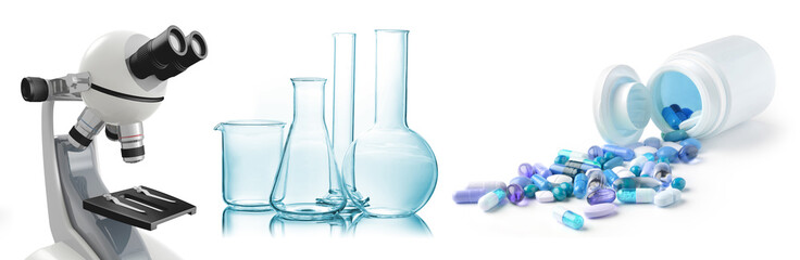 microscope, chemical glassware and pills isolated on white background, 3d illustration