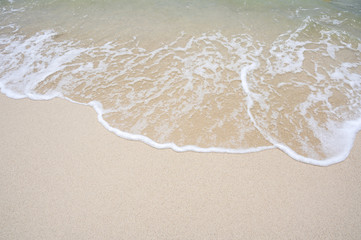 The top corner of the beach has a sea of water coming to the shore