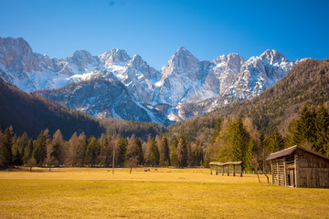 The tops of the mountains are covered with snow. Triglav national park. Slovenia, Europe