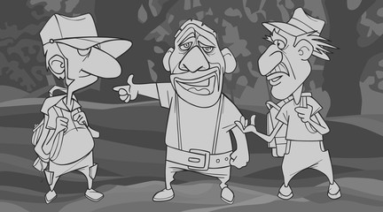 cartoon sketch of three talking male travelers in monochrome colors