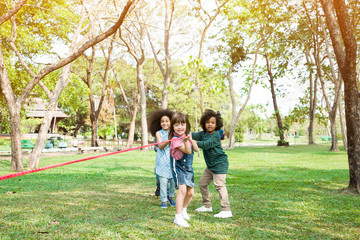 Fototapeta na wymiar Group of happy children playing tug of war on green grass in the city park