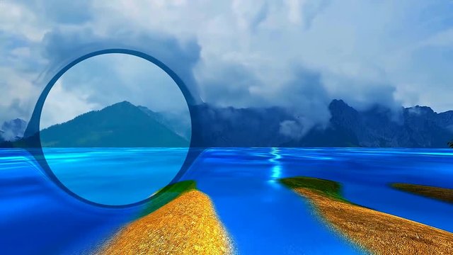 3d time lapse animation of mountains and sea  observed through a spyglass , the cloudy sky reflected in the water