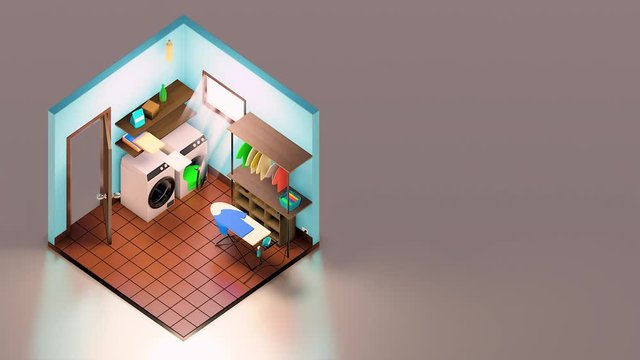 3d rendering animation scene isometric shot of the laundry room interior design with washing machine with ironing 