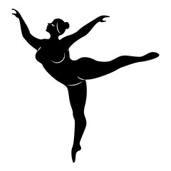 Silhouette of a cute lady, she is dancing ballet. The woman has an overweight body. Girl is plump. Woman ballerina, gymnast. Vector illustration