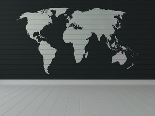 empty space world map paint on wooden wall 3d rendering