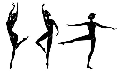 Collection. Silhouette of a cute lady, she is dancing ballet. The girl has a slim beautiful figure. Woman ballerina. Vector illustration set