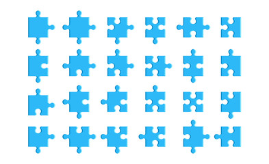 Puzzle pieces set isolated on a white background. Mosaic, details, tails. Jigsaw presentation template. Simple modern design. Blue color. Flat style vector illustration.