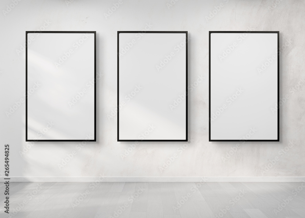 Poster three frames hanging on a wall mockup 3d rendering