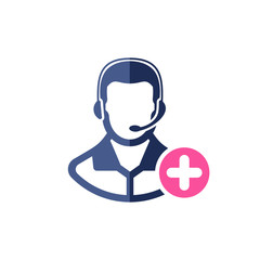 Support icon with add sign. Customer service agent with headset icon and new, plus, positive symbol