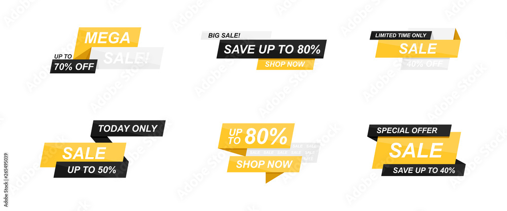 Wall mural sale banners template set. speech bubble. abstract concept. simple modern design. black and yellow c