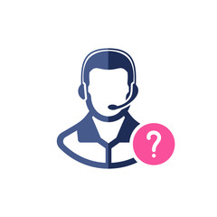 Support icon with question mark. Customer service agent with headset icon and help, how to, info, query symbol