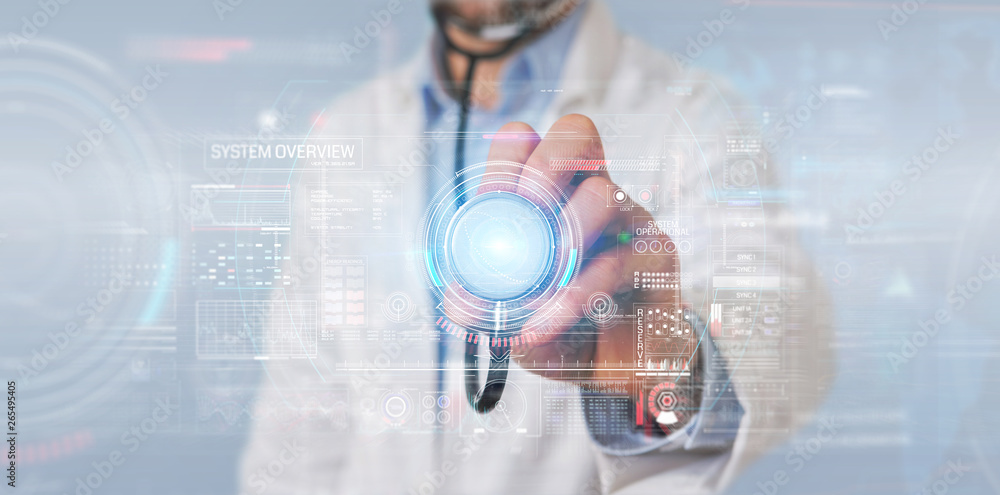Poster scientist using digital technological interface with datas 3d rendering