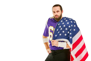 american Football Player with uniform and american flag proud of his country, on a white background.