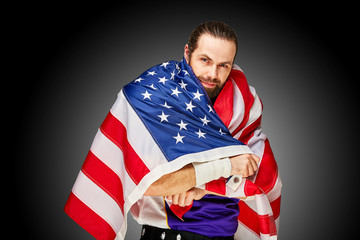 american Football Player with uniform and american flag proud of his country, on a white background.