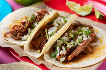 Mexican beef barbacoa tacos on colorful background
