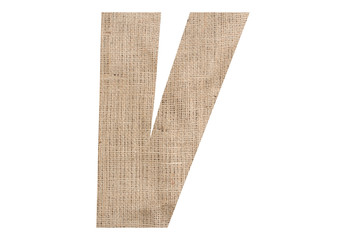 Letter V with burlap texture on white background