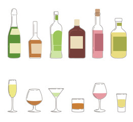 set of six bottles and glasses of alcoholic beverages