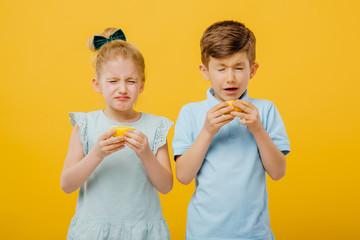 two young children, little boy and little girl with lemons. Sour taste, facial emotions negative, in blue T-shirt, isolated yellow background, copy space