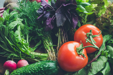 Background texture with assorted raw organic vegetables