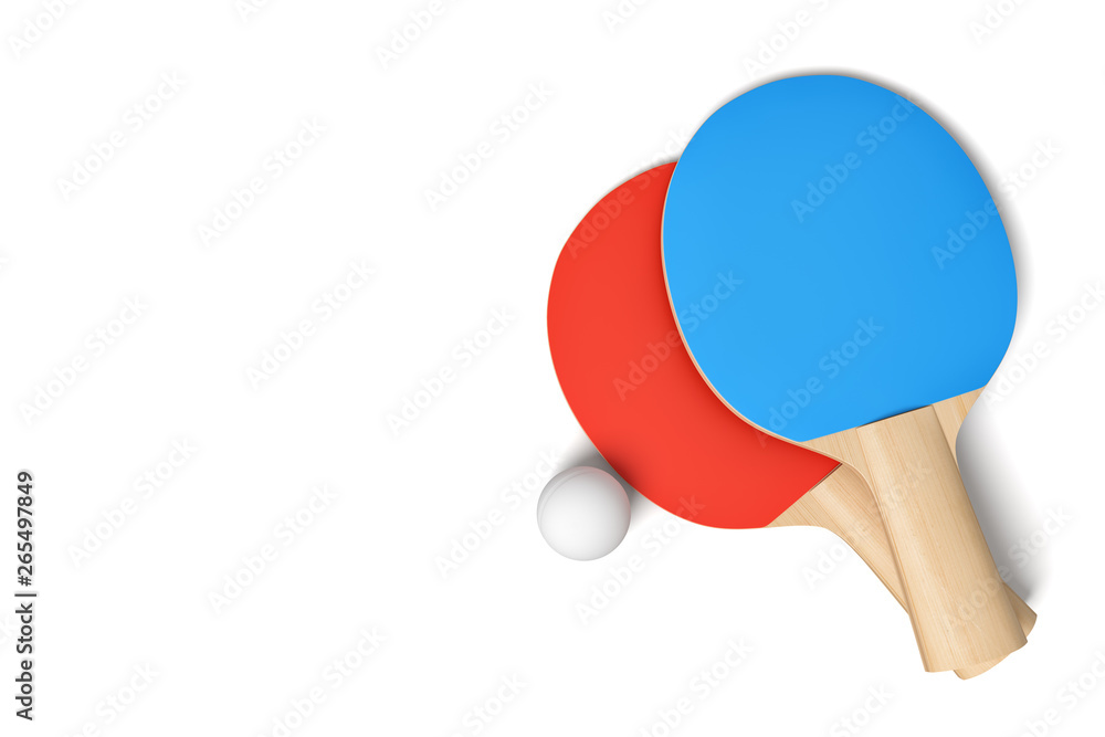 Poster 3d rendering of two ping pong rackets and ball isolated on white background