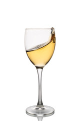 White wine in a wine glass with splashes isolated on white background.