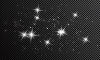 Dust white. White sparks and golden stars shine with special light. Vector sparkles on a transparent background. Christmas abstract pattern. Sparkling magical dust particles.