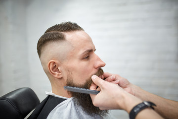Brutal guy in modern Barber Shop. Hairdresser makes hairstyle a man with a long beard. Master hairdresser does hairstyle by scissors and comb