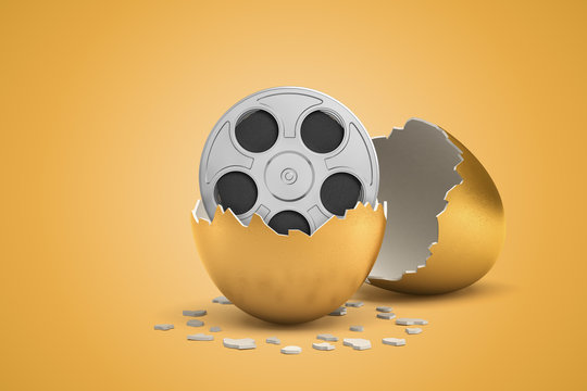 3d rendering of broken in two golden egg with retro film reel inside on light ocher background.