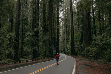 man in red flannel walking on road in forest