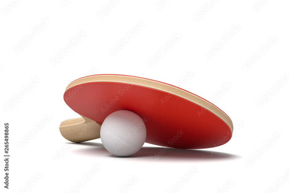 Poster 3d close-up rendering of ping pong ball covered with racket and on white background.
