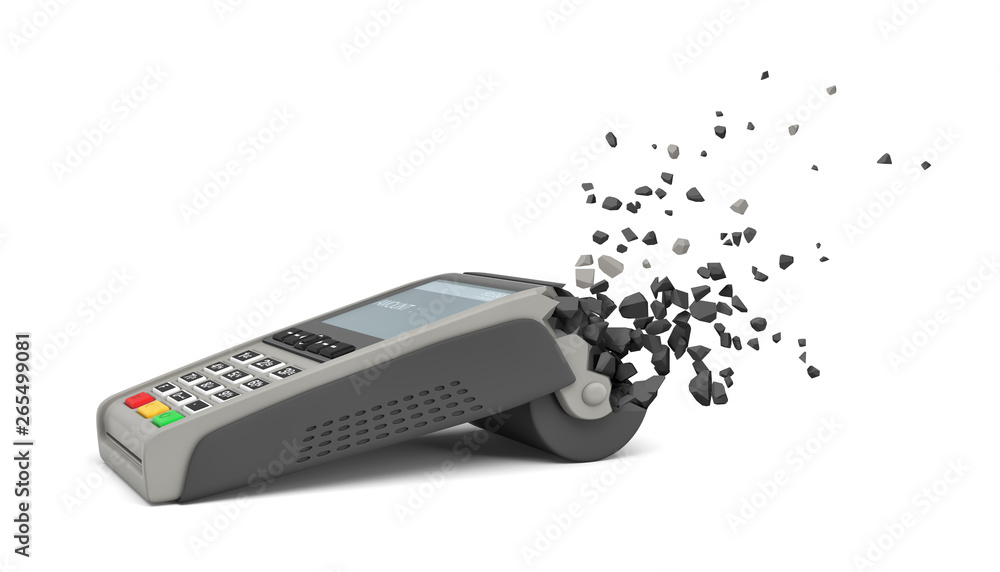 Poster 3d rendering of point-of-sale terminal starting to dissolve into particles on white background.