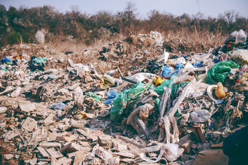 Proof of human negligence. On picture big pile of trash ruining nature.