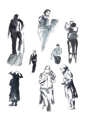 Watercolor set of people sketch on the white background