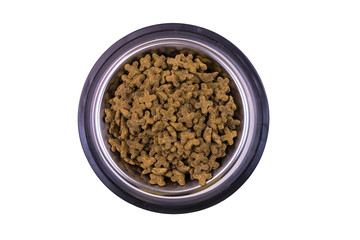 Dry cat food in a bowl. Pet food isolated on white background. Top view