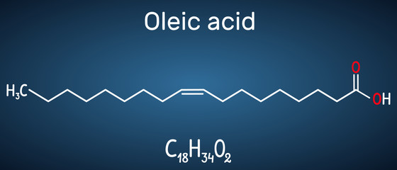 Oleic acid ( cis, omega-9) molecule. Structural chemical formula and molecule model on the dark blue background