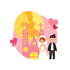 House and full moon with bride and groom. Happy wedding couple. Love symbol icon