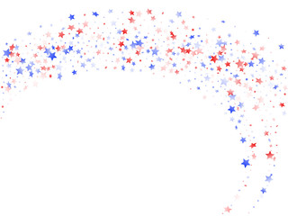 Flying red blue white star sparkles on white vector american patriotic background.