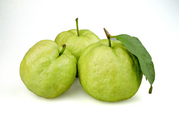 Guava with leaves (tropical fruit) isolated on white background. Clipping Path.