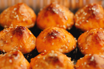 baked sushi rolls, close-up view