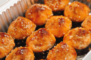 baked sushi rolls, close-up view